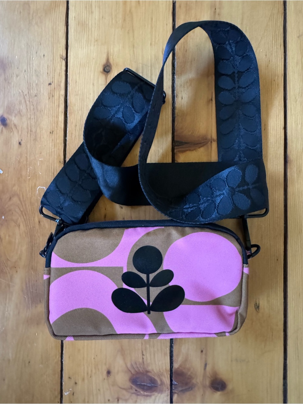 Orla Kiely Crossbody Camera Bag in Pink and Brown with Black Strap